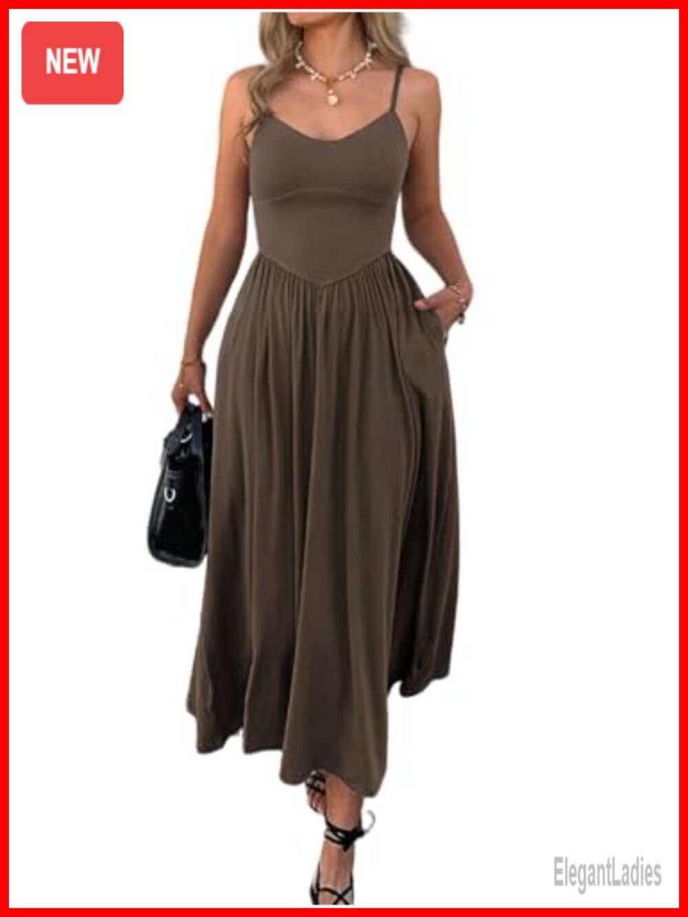 Spaghetti Strap Maxi Dress Sleeveless A-Line Flowy with Pockets Beach